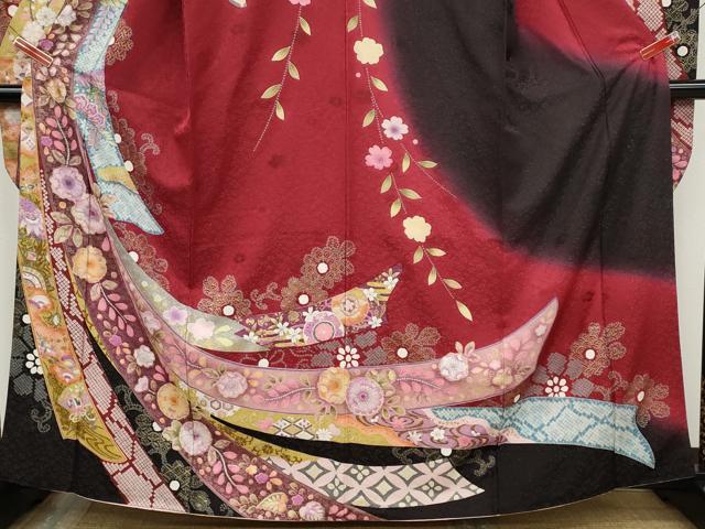 平和屋着物●豪華振袖 駒刺繍 熨斗舞花文 暈し染め 銀通し地 正絹 逸品 CABD7309ut