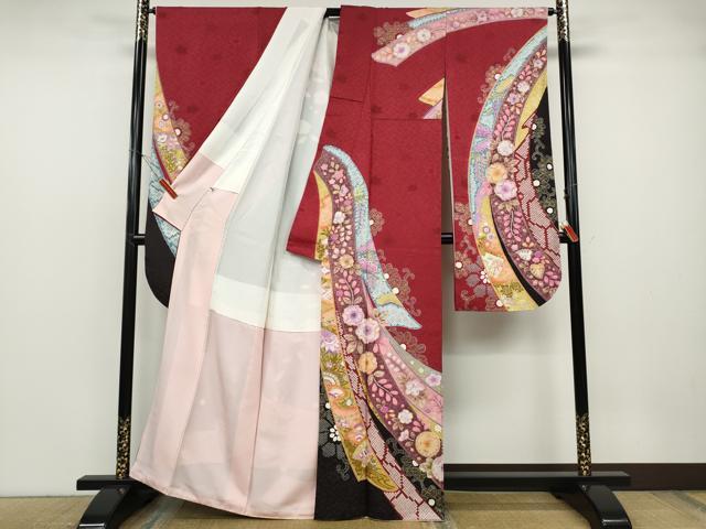平和屋着物●豪華振袖 駒刺繍 熨斗舞花文 暈し染め 銀通し地 正絹 逸品 CABD7309ut