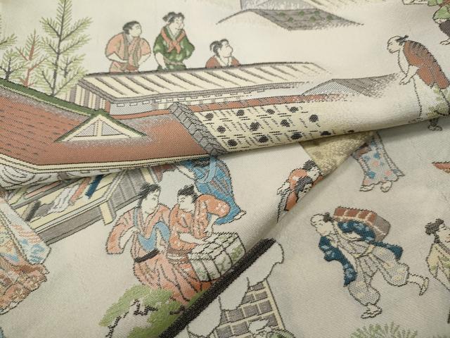 平和屋着物●上質なお召 雲取り風景人物文 正絹 逸品 CABD7431ut