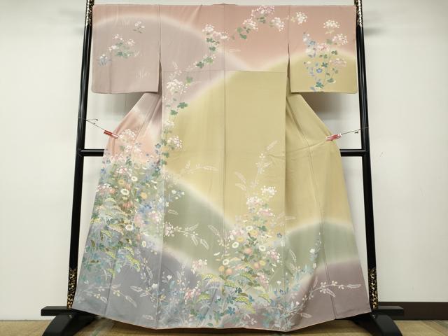 平和屋着物●訪問着 友禅 草花文 暈し染め 正絹 逸品 CABD7487ut
