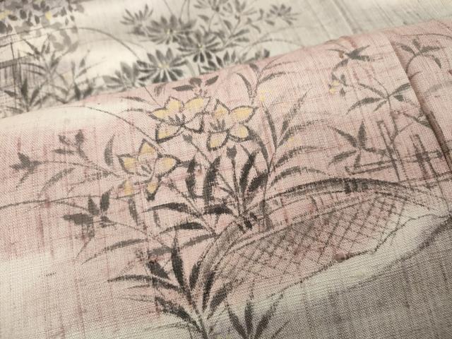平和屋着物●訪問着 作家物 生紬 手描き エ霞草花文 正絹 逸品 CABD7503ut