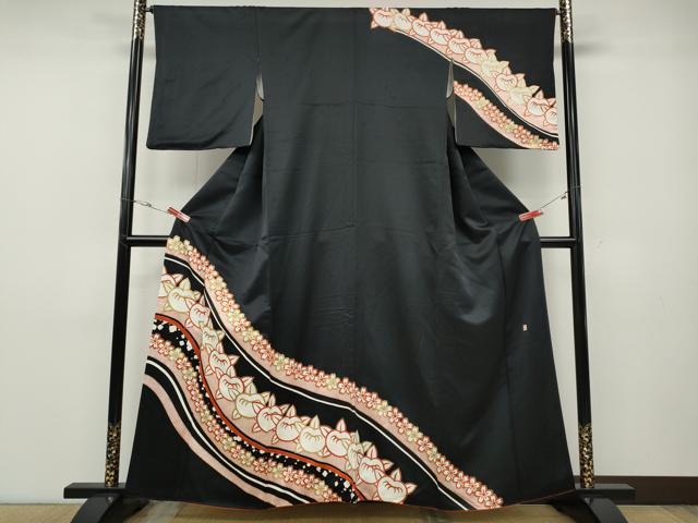 平和屋着物●十日町老舗ブランド 吉澤友禅 吾妻徳穂 訪問着 駒刺繍 橘桜文 黒地 金彩 正絹 逸品 CABD7523ut