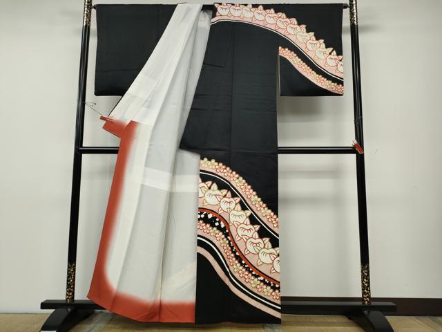平和屋着物●十日町老舗ブランド 吉澤友禅 吾妻徳穂 訪問着 駒刺繍 橘桜文 黒地 金彩 正絹 逸品 CABD7523ut