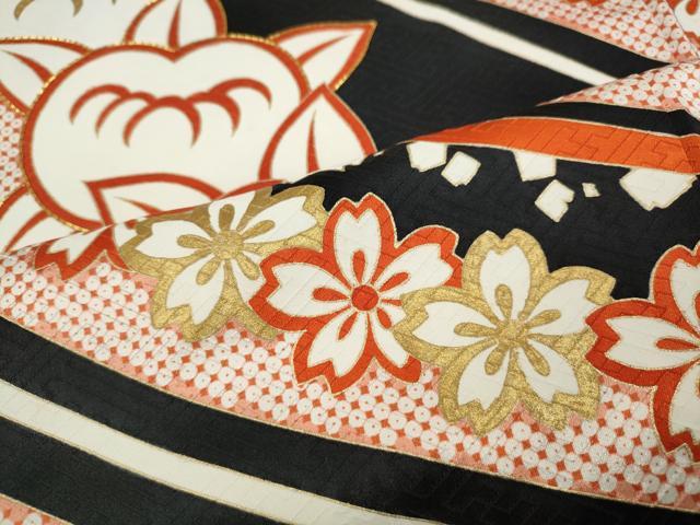平和屋着物●十日町老舗ブランド 吉澤友禅 吾妻徳穂 訪問着 駒刺繍 橘桜文 黒地 金彩 正絹 逸品 CABD7523ut
