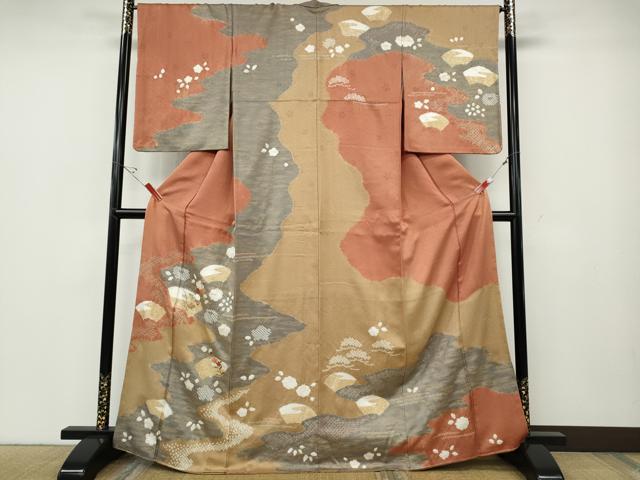 平和屋着物●訪問着 絞り 刺繍 エ霞地紙花文 金彩 正絹 逸品 CABD7550ut