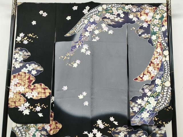 平和屋着物●豪華振袖 雲重ね熨斗舞花文 暈し染め 黒地 金彩 やまと誂製 正絹 逸品 CABD7554ut
