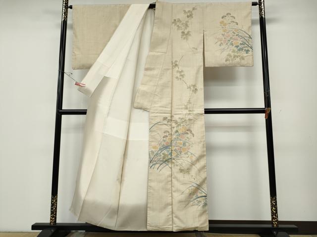 平和屋着物●訪問着 生紬 手描き 草花文 正絹 逸品 CABD7568ut