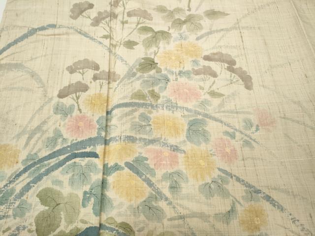 平和屋着物●訪問着 生紬 手描き 草花文 正絹 逸品 CABD7568ut