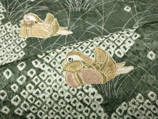 平和屋着物●訪問着 駒刺繍 絞り 立波鴛鴦文 金彩 正絹 逸品 未使用 CABD7595ut