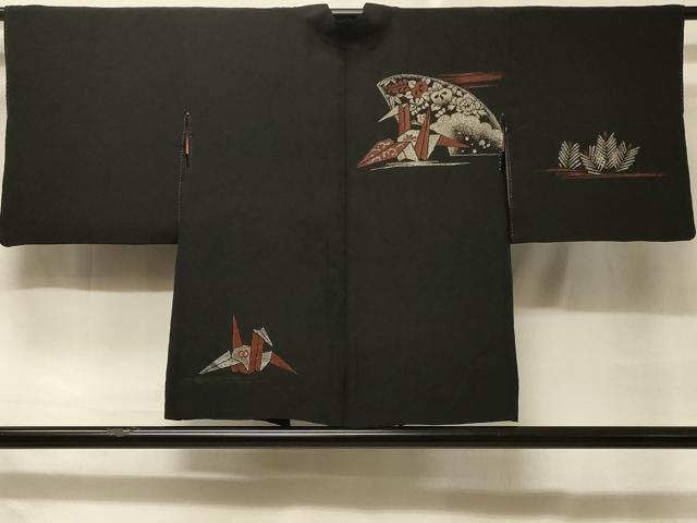 平和屋着物#羽織 地紙折り鶴花文 黒地 銀糸 正絹 逸品 CABD7705in