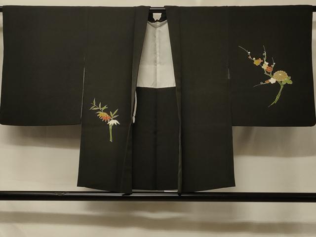 平和屋着物#羽織 駒刺繍 扇面槍梅文 黒地 正絹 逸品 CABD7709in