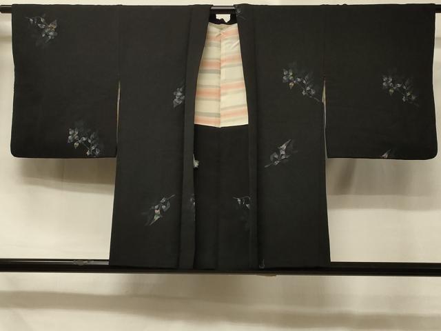 平和屋着物#羽織 枝花文 黒地 銀糸 正絹 逸品 CABD7859in