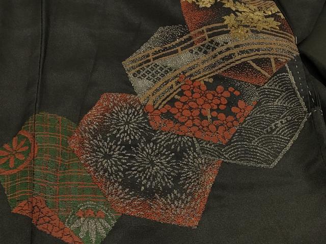 平和屋着物#羽織 寿光織 渡り橋草花文 黒地 金銀糸 正絹 逸品 CABD7937in