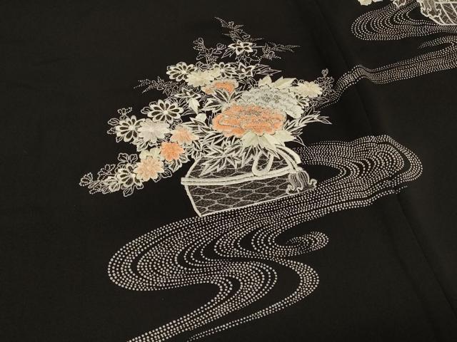 平和屋着物#羽織 駒刺繍 流水飾花文 黒地 銀糸 正絹 逸品 CABD7938in