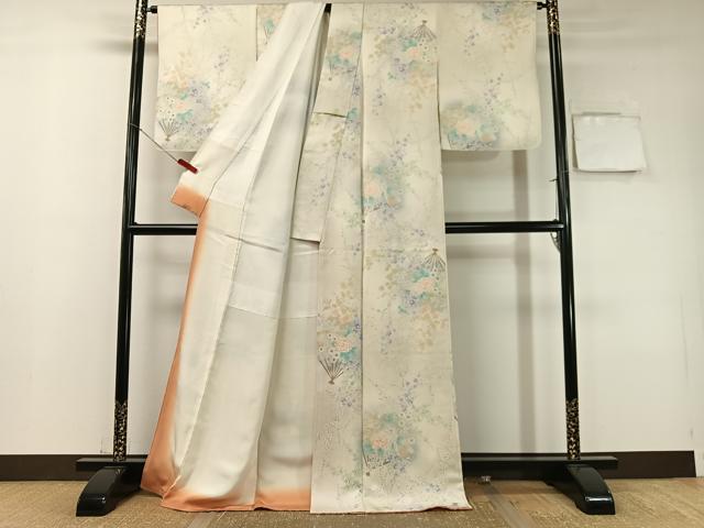平和屋着物●上質な小紋 扇面花文 暈し染め 金彩 ロング丈 正絹 逸品 CABD8005vp