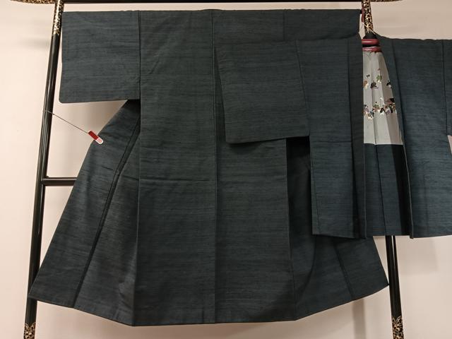 平和屋着物●男性 紬 アンサンブル 色無地 藍鉄色 正絹 逸品 CABD8049vp