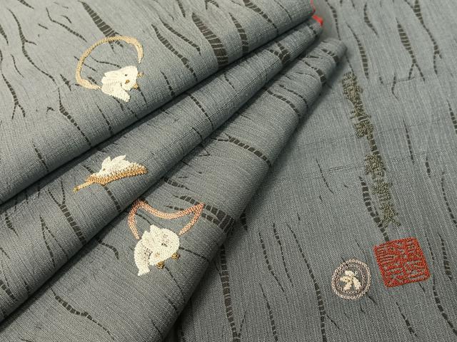 平和屋着物●中国人間国宝 将雪英 中国三大刺繍 相良刺繍 紬 杢目絞り 月兎 金糸 ロング丈 正絹 逸品 CABD8059vp