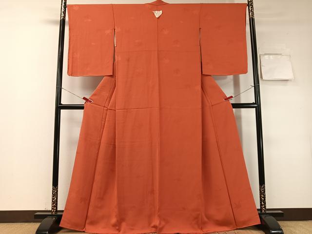 平和屋着物●上質な色無地 吹き寄せ地紋 赤丹色 正絹 逸品 未使用 CABD8101vp