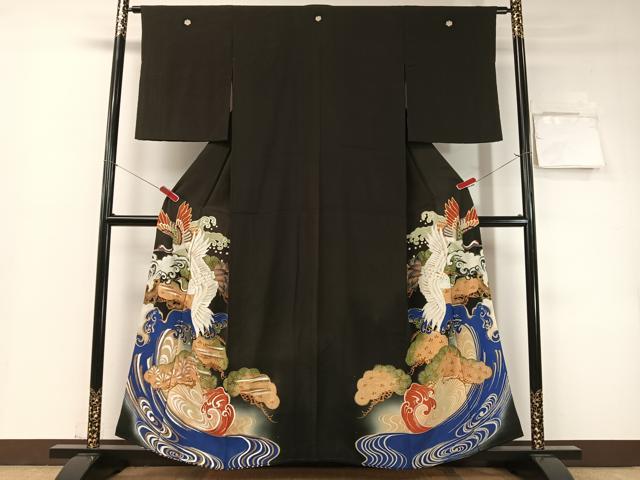 平和屋着物●アンティーク 大正ロマン 黒留袖 刺繍 手描き 飛鶴浜松文 暈し染め 金彩 正絹 逸品 CABD8137vp