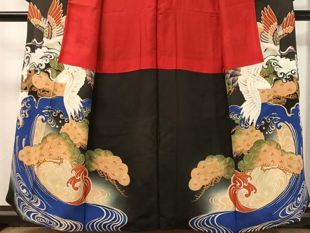 平和屋着物●アンティーク 大正ロマン 黒留袖 刺繍 手描き 飛鶴浜松文 暈し染め 金彩 正絹 逸品 CABD8137vp