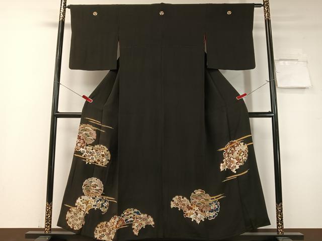 平和屋着物●アンティーク 大正ロマン 黒留袖 駒刺繍 霞雪輪花文 金彩 正絹 逸品 CABD8145vp