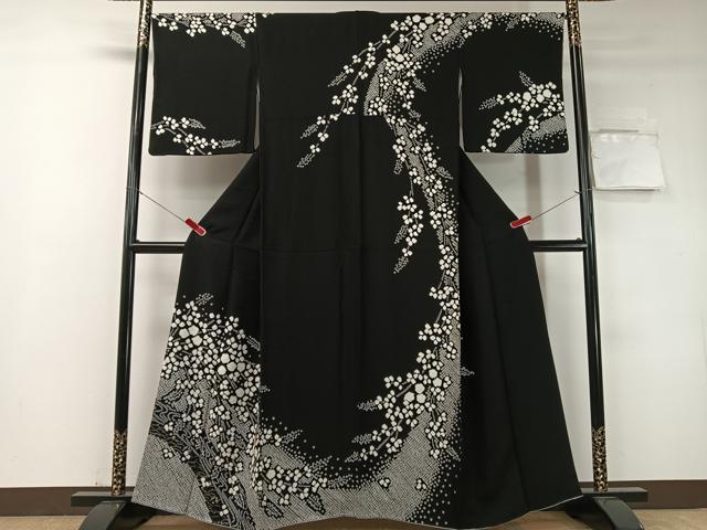平和屋着物●訪問着 総絞り 流水枝垂れ花文 黒地 金彩 正絹 逸品 CABD8153vp