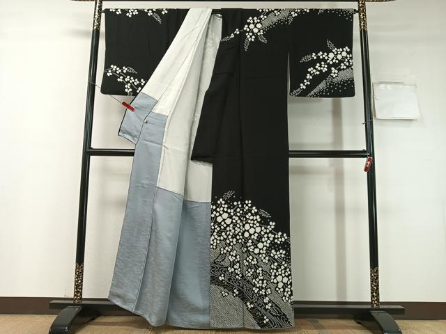平和屋着物●訪問着 総絞り 流水枝垂れ花文 黒地 金彩 正絹 逸品 CABD8153vp