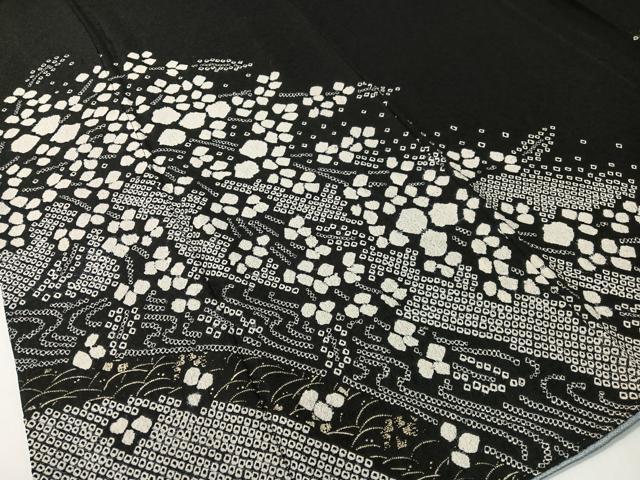 平和屋着物●訪問着 総絞り 流水枝垂れ花文 黒地 金彩 正絹 逸品 CABD8153vp