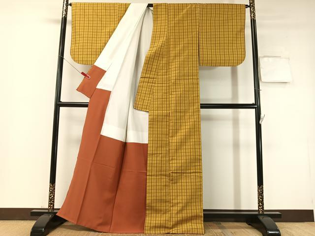 平和屋着物●本場黄八丈 平織 格子柄 正絹 逸品 CABD8168vp