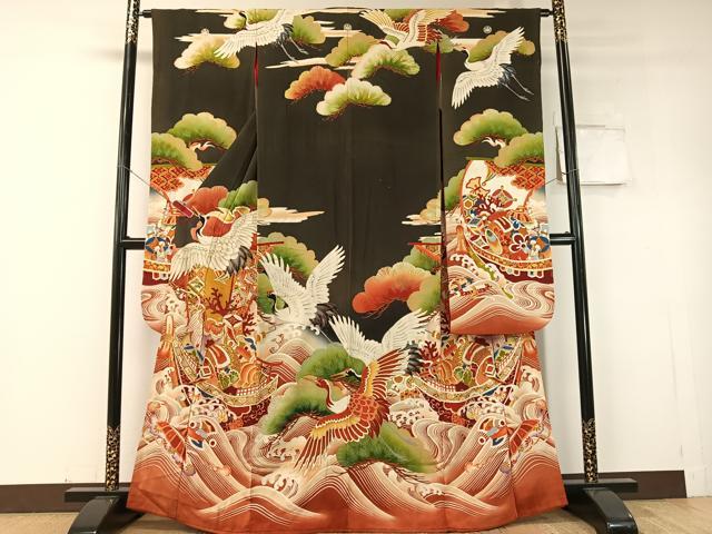 平和屋本店●アンティーク 大正ロマン 振袖 駒刺繍 飛鶴宝船浜松文 暈し染め 黒地 金彩 正絹 逸品 CABD8175vp