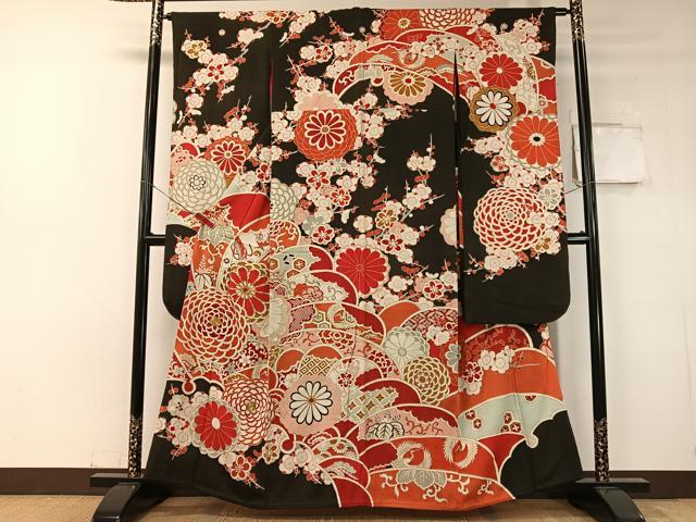 平和屋本店●アンティーク 大正ロマン 振袖 駒刺繍 飛鶴吉祥花文 黒地 金彩 正絹 逸品 CABD8177vp