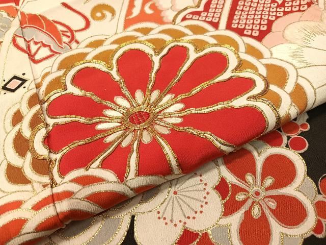 平和屋本店●アンティーク 大正ロマン 振袖 駒刺繍 飛鶴吉祥花文 黒地 金彩 正絹 逸品 CABD8177vp