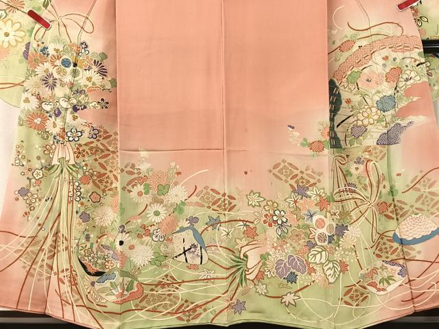 平和屋本店●アンティーク 大正ロマン 振袖 駒刺繍 貝合わせ花束文 暈し染め 金彩 正絹 逸品 CABD8179vp