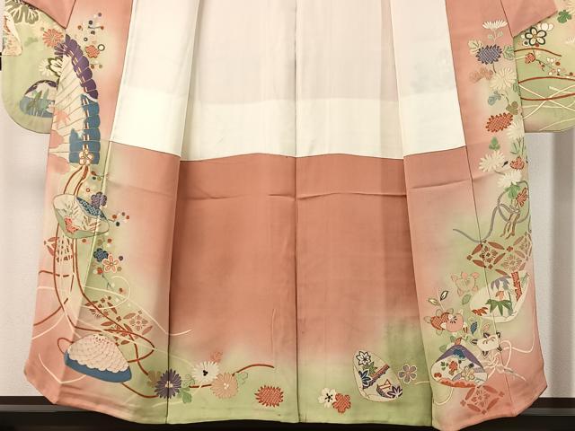 平和屋本店●アンティーク 大正ロマン 振袖 駒刺繍 貝合わせ花束文 暈し染め 金彩 正絹 逸品 CABD8179vp