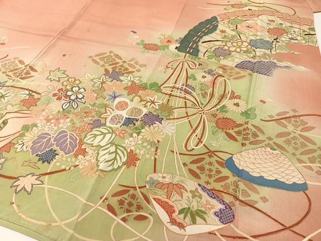 平和屋本店●アンティーク 大正ロマン 振袖 駒刺繍 貝合わせ花束文 暈し染め 金彩 正絹 逸品 CABD8179vp