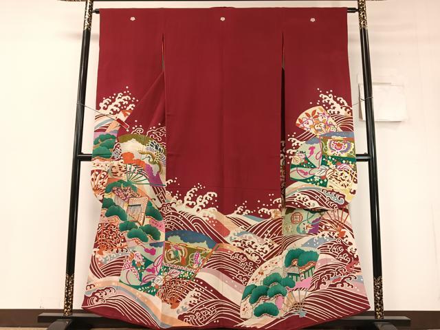 平和屋本店●アンティーク 大正ロマン 振袖 駒刺繍 立波扇面御所車花鳥文 金彩 正絹 逸品 CABD8181vp