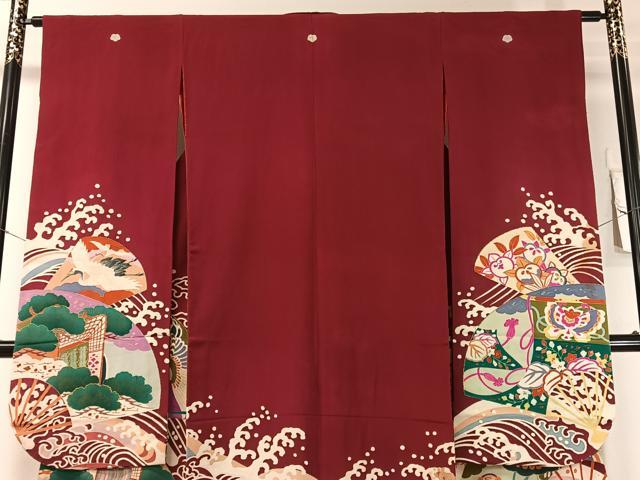 平和屋本店●アンティーク 大正ロマン 振袖 駒刺繍 立波扇面御所車花鳥文 金彩 正絹 逸品 CABD8181vp