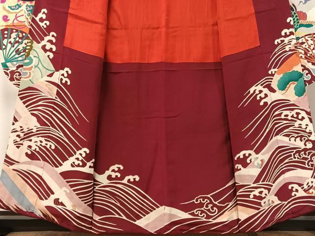 平和屋本店●アンティーク 大正ロマン 振袖 駒刺繍 立波扇面御所車花鳥文 金彩 正絹 逸品 CABD8181vp