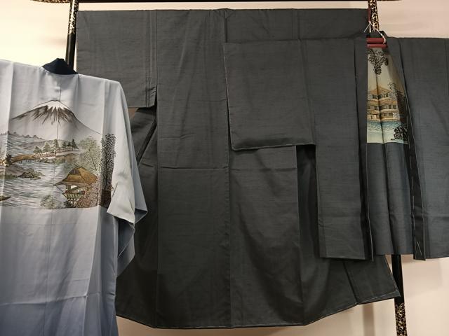 平和屋着物●男性 紬 アンサンブル 長襦袢セット 青褐色 正絹 逸品 未使用 CABD8188vp