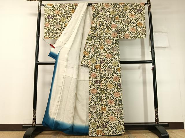 平和屋着物●上質な小紋 型染め 菊唐草文 鬼しぼ縮緬 正絹 逸品 CABD8198vp