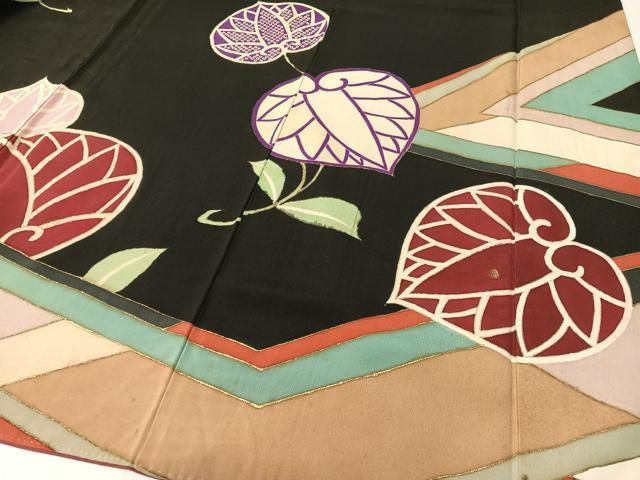 平和屋着物●中国三大刺繍 相良刺繍 訪問着 駒刺繍 葵文様 黒地 金彩 正絹 逸品 CABD8207vp