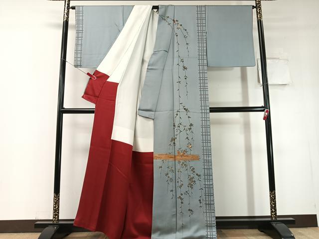平和屋着物●訪問着 駒刺繍 霞枝垂れ花蝶文 金彩 正絹 逸品 CABD8222vp