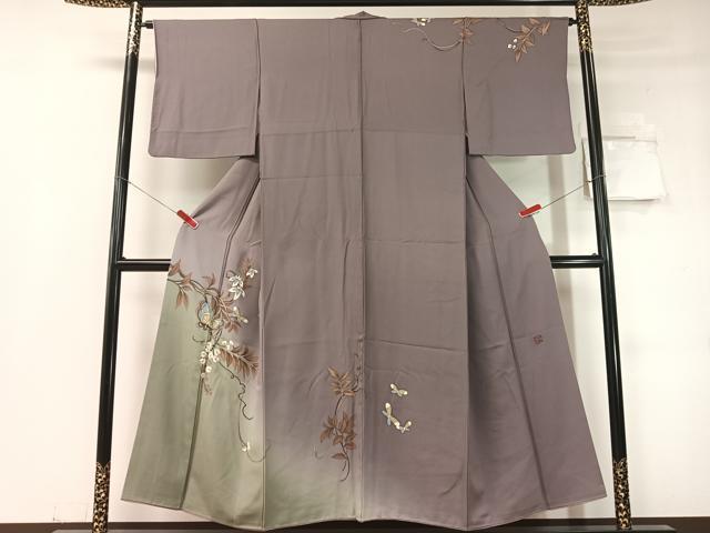 平和屋着物▼中嶋まさひろ 蝋彩染作家 訪問着 手描き 藤花舞蝶文 暈し染め 金彩 正絹 逸品 CABD8234vp