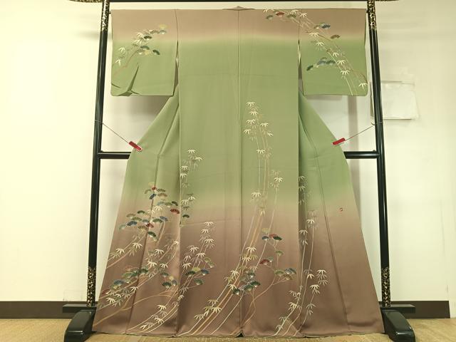 平和屋着物●訪問着 友禅 作家物 笹竹裏菊文 暈し染め ロング丈 正絹 逸品 CABD8337vp