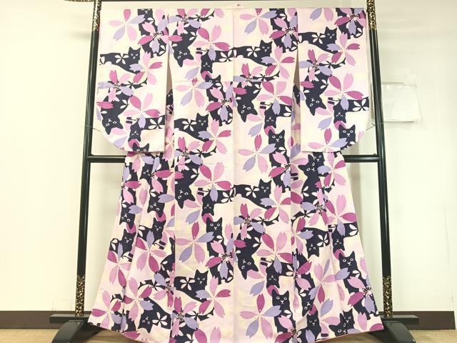 平和屋着物●小振袖　黒猫　舞桜　洗える着物　未使用　CABD8341vp 平和屋着物○小振袖 黒猫 舞桜 洗える着物 未使用 CABD8341vp