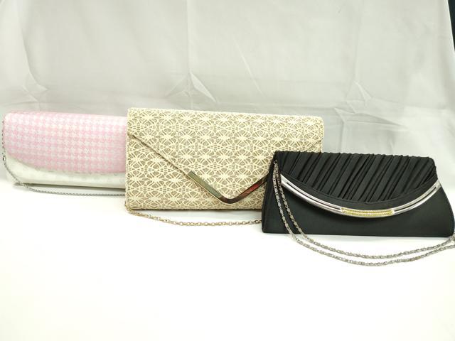 平和屋着物▼和装小物 和装バッグまとめて3点 千鳥格子 ハート ピンク×白 黒サテン クラッチ チェーン 金糸 逸品 CABD8503ju
