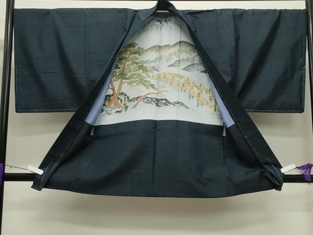 平和屋着物●男性 紬 髭紬羽織・長襦袢セット 色無地 濃藍色 正絹 逸品 CABD8903gh