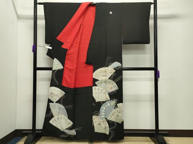 平和屋着物●アンティーク 大正ロマン 中国三大刺繍 相良刺繍 黒留袖 扇面花文 金彩 正絹 逸品 CABD8915gh