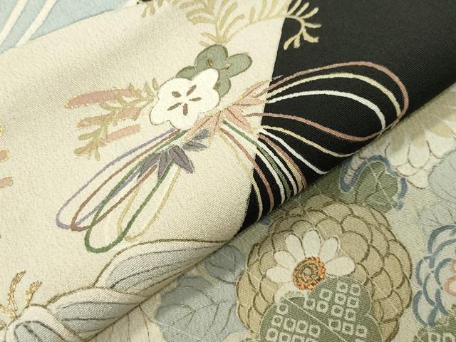平和屋着物●アンティーク 大正ロマン 中国三大刺繍 相良刺繍 黒留袖 扇面花文 金彩 正絹 逸品 CABD8915gh