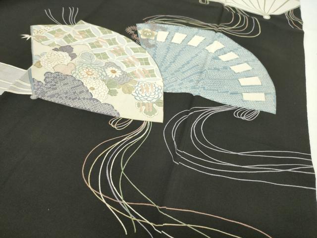 平和屋着物●アンティーク 大正ロマン 中国三大刺繍 相良刺繍 黒留袖 扇面花文 金彩 正絹 逸品 CABD8915gh